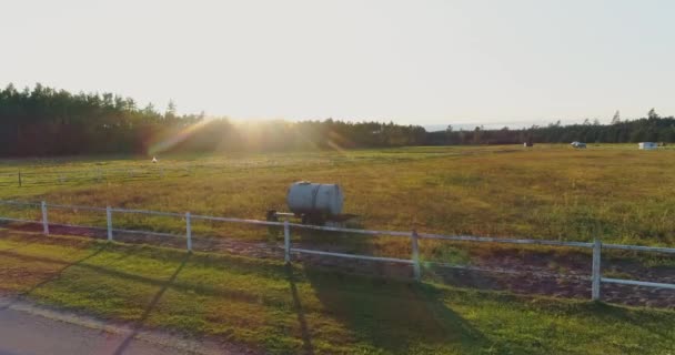 Field sunset drone flight, agriculture farm, farming, aerial landscape, sky — Stock Video