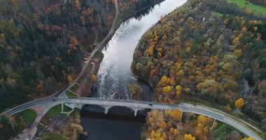 Sonbahar orman Sigulda şehir doğa, Gauya Nehri drone uçuş, köprü araba yukarıdan