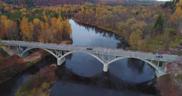 Осінній ліс Sigulda місто природи, річки Гауя drone польоту, міст привід автомобіля зверху прапор — стокове відео