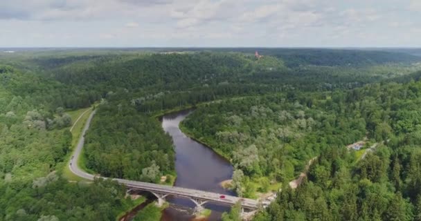 Puente en la ciudad de Sigulda Bosque, naturaleza, vuelo del dron del río Gauja, conducción del coche del puente desde arriba — Vídeo de stock