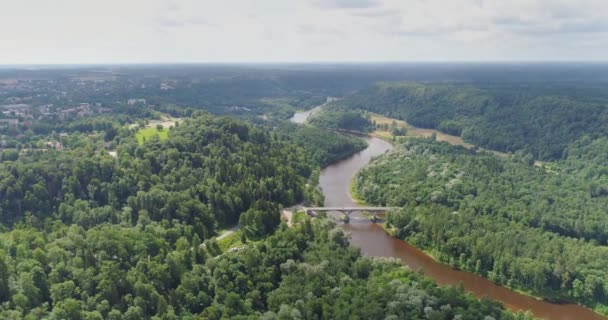 Brug in Sigulda stad, bos, natuur, Gauja rivier drone vlucht, brug auto rijden van bovenaf — Stockvideo