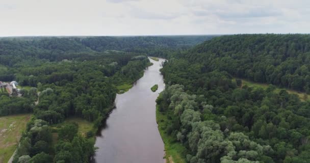 Folyó Gauja őszi erdő Sigulda városa természet, drone repülés, híd a fenti autóval — Stock videók