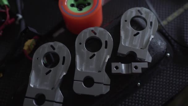 Longboard parts for assembling Electric skate, carbon desk board, selfmade project — Stock Video