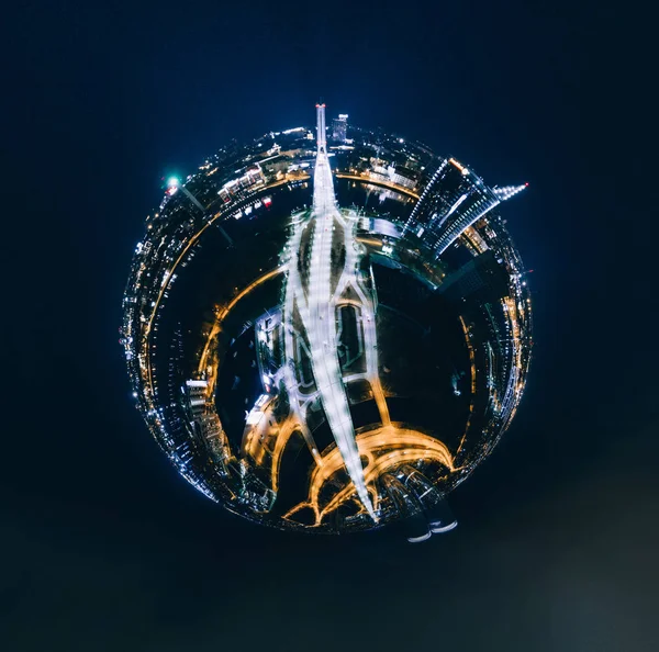 Sphere Planet Night houses in Riga city, Hotel, Latvia 360 VR Drone picture for Virtual reality, Panorama — Stock Photo, Image