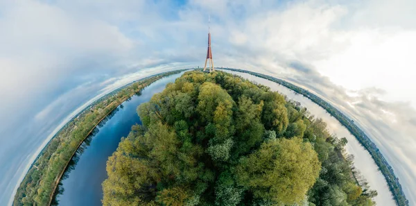 TV tower Sphere Planet. Bridge and houses in Riga city, Latvia 360 VR Drone picture for Virtual reality, Panorama — Stock Photo, Image