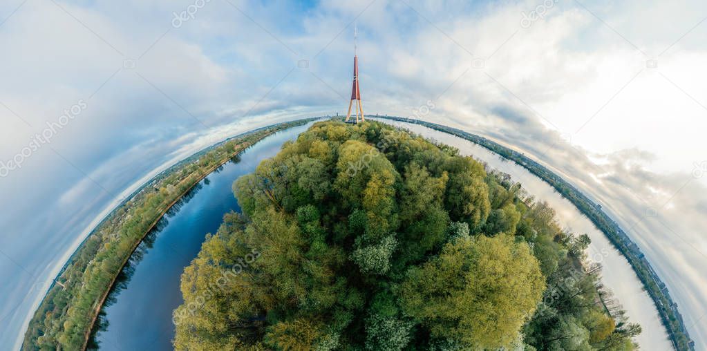 TV tower Sphere Planet. Bridge and houses in Riga city, Latvia 360 VR Drone picture for Virtual reality, Panorama