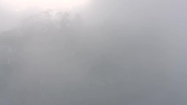 Drone vlucht boven Verlaten hotel in sterke mist op Bali — Stockvideo
