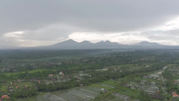 Batur Agung volcán y campo de arroz en Bali 4K Drone tiro — Vídeos de Stock