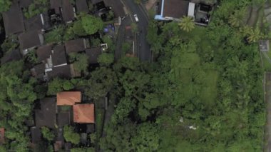 Ubud şehrindeki Bali Adası 4k İHA uçuşunda arabalar ve bisikletler yolda.