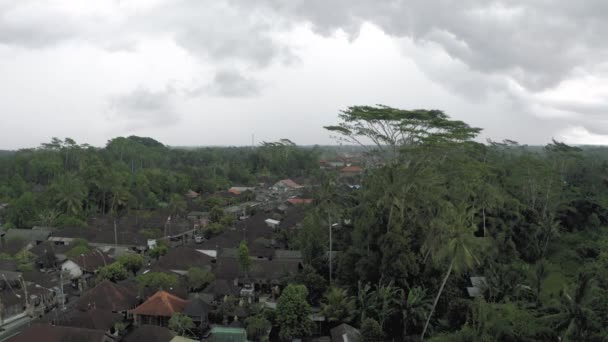 Carros e bicicletas na estrada em Ubud cidade Bali ilha 4K Drone voo — Vídeo de Stock