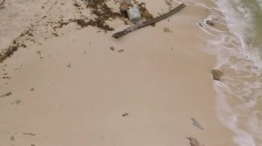 Asya 'daki kumlu plajda plastik çöpler.