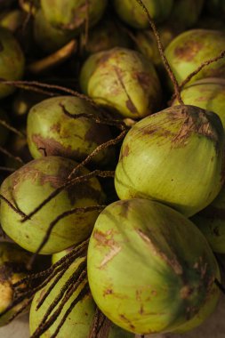 Asya 'daki markette genç yeşil hindistan cevizleri