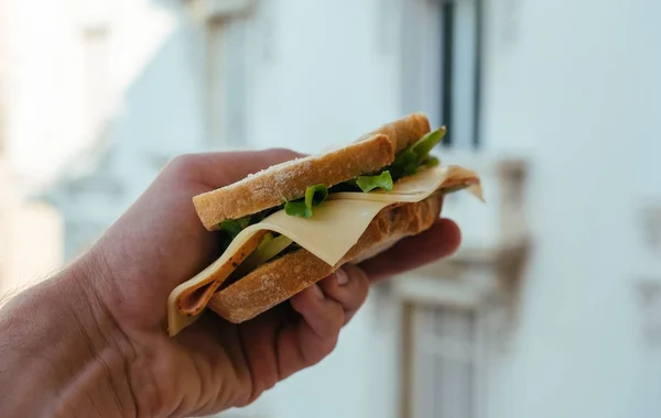 Sándwich sabroso con jamón y ensalada en la mano — Foto de Stock
