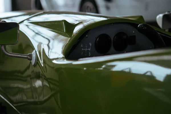 Sport car, Green formula in garage near mototrack — Stock Photo, Image
