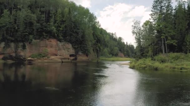 River banks in Europe, Gaujas Latvia National Park 4K Drone shot — ストック動画
