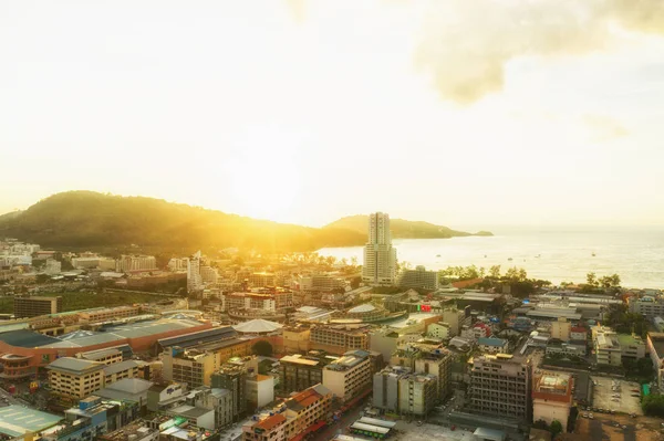 Patong Beach and city life Sunset time in Thailand Phuket Island Drone flight — ストック写真