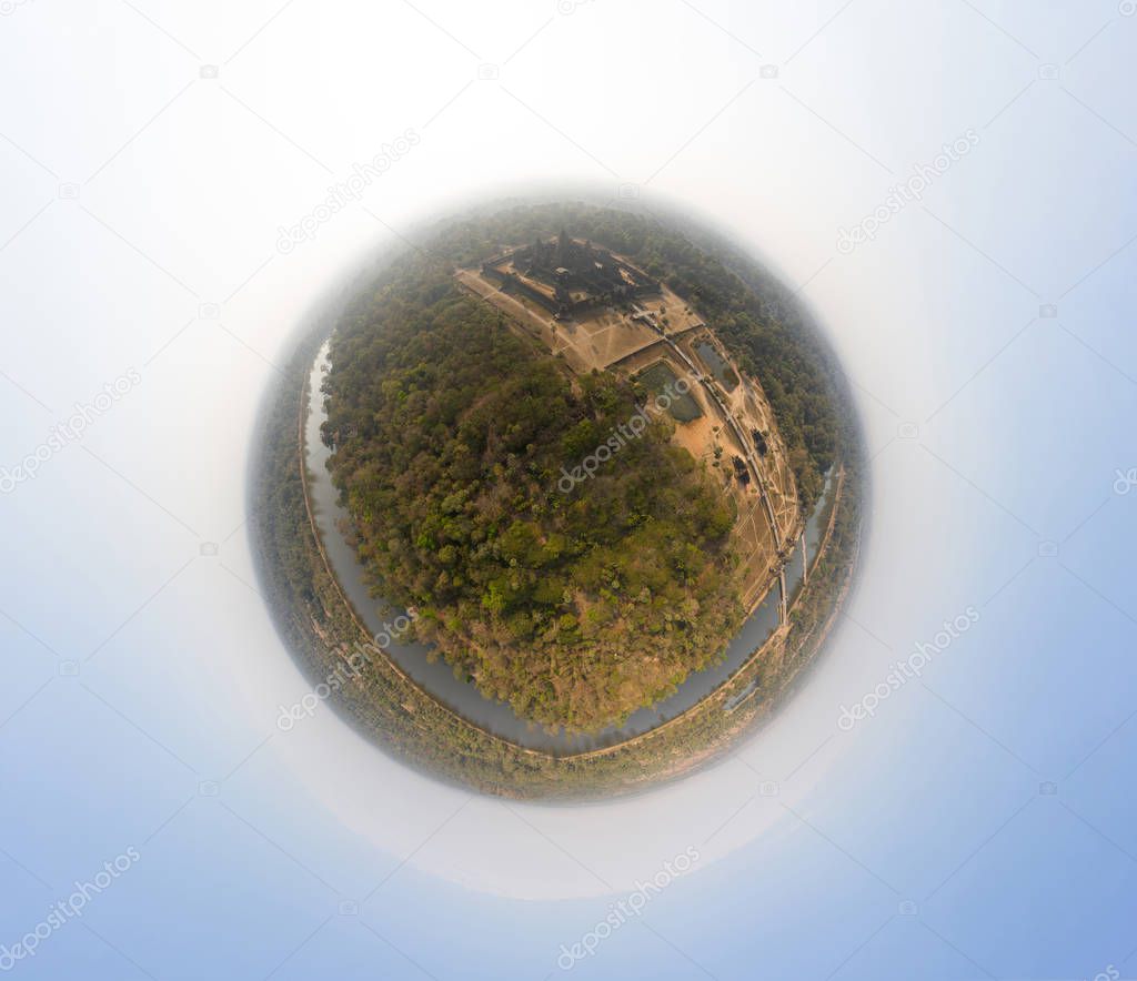 Angkor Wat Temple in Cambodia, 360 VR panorama drone shot