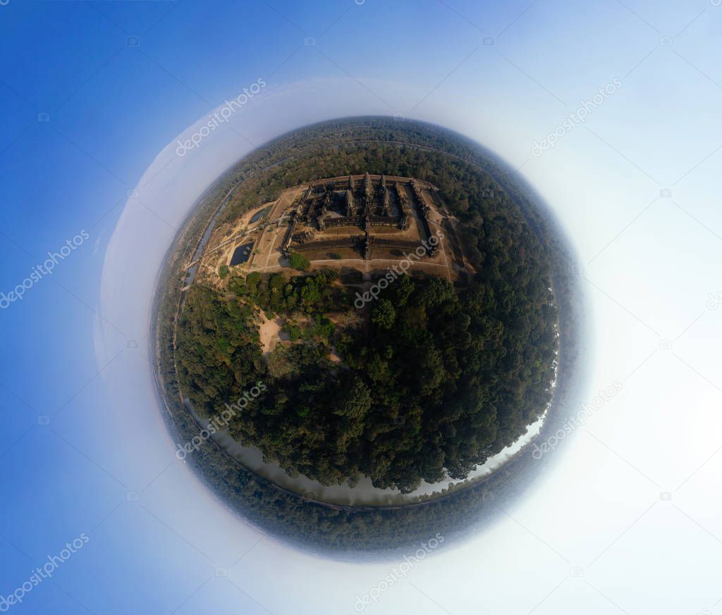Angkor Wat Temple in Cambodia, 360 VR panorama drone shot