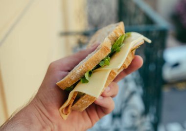 Beyaz ekmek sandviçi, içinde Hum ve Salata olan Monako 'da erkekler el ele.