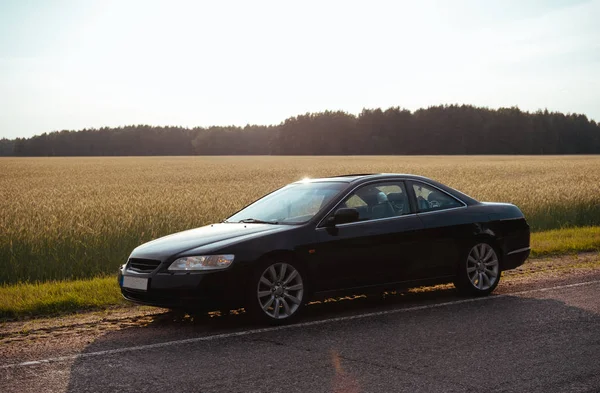 Auto coupé nero sulla strada con campo verde sullo sfondo ora del tramonto — Foto Stock