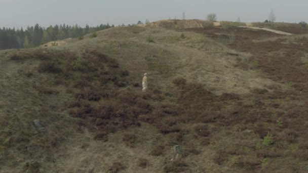 Menina dançando no campo com musgo, 4k drone shot — Vídeo de Stock