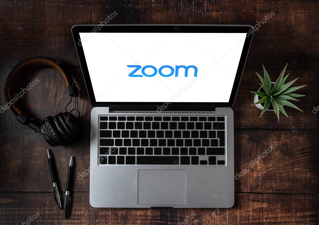 Laptop showing Zoom Cloud Meetings app logo. Antalya, TURKEY - March 30, 2020.