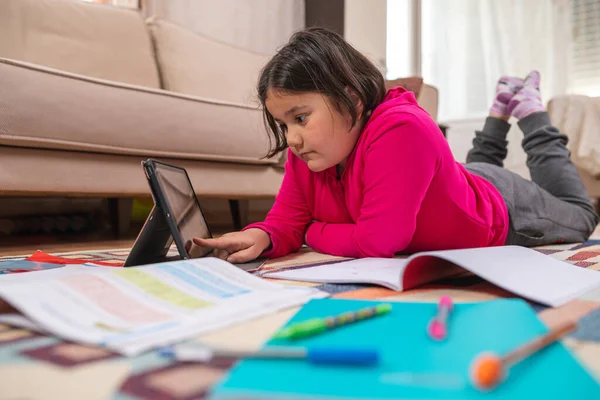 Smiling Student Lying Floor Living Room Studying Home Because Covid — Stock Photo, Image