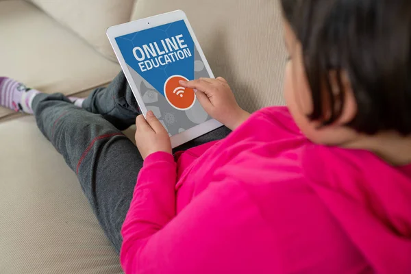 Smiling Girl Sitting Sofa Living Room Studying Home Because Covid — Stock Photo, Image