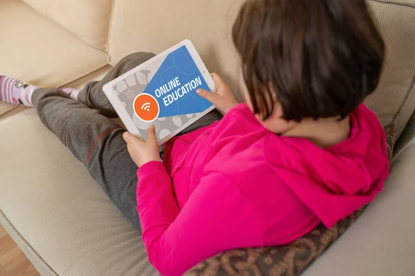 Smiling Girl Sitting Sofa Living Room Studying Home Because Covid — Stock Photo, Image