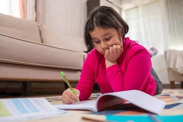 Smiling Student Lying Floor Living Room Studying Home Because Covid — Stock Photo, Image