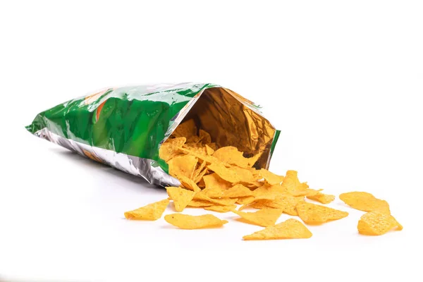 Heap Open Packages Corn Chips White Background — Stock Photo, Image