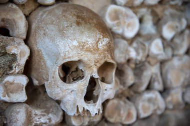 Portekiz, Faro 'daki Kemik Şapeli' nde kemiklerle örülmüş duvar.