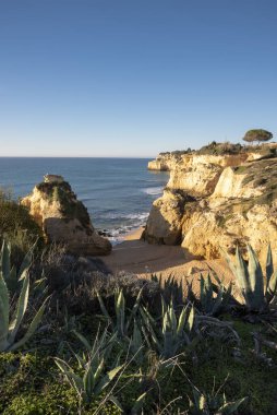 Atlantik Okyanusu kıyısındaki yüksek uçurumlar. Portekiz. Algarve.