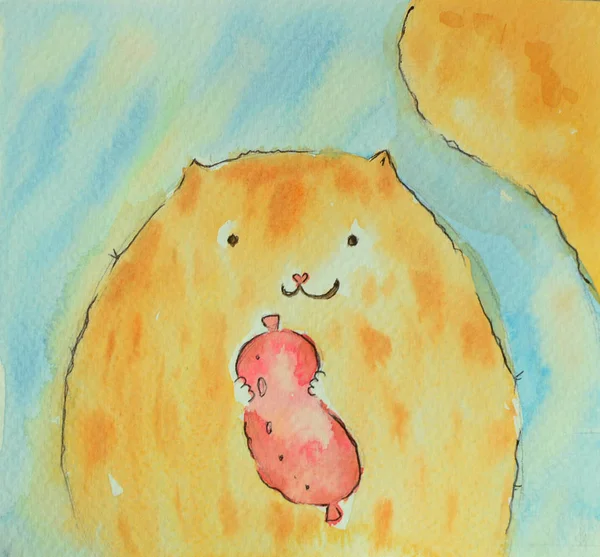Komik kırmızı kedi sosis ile — Stok fotoğraf