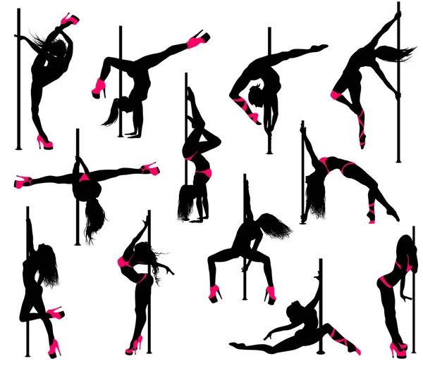 Pole Dancer Silhouettes Isolated White Vector Set — Stock Vector