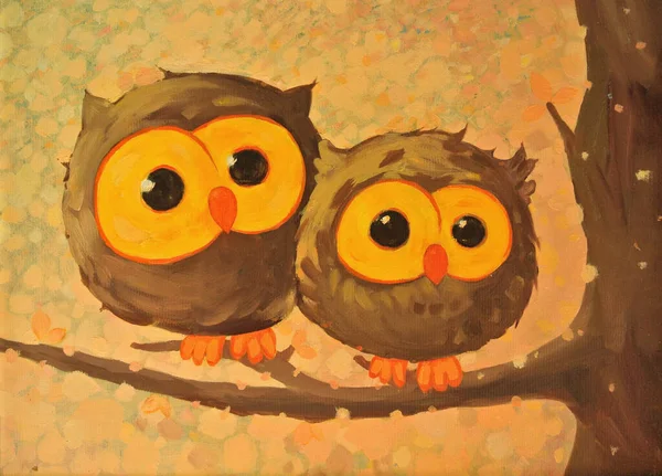 Hand-drawn illustration with funny owls. Oil painting.