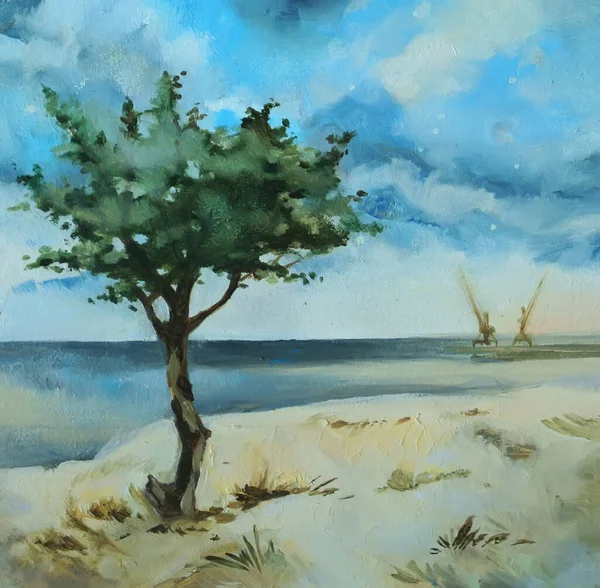 Peinture Huile Dessinée Main Avec Vue Sur Mer Calme — Photo