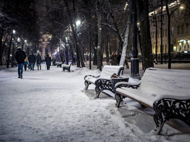 karlı kış geceleri Şehir Parkı, sokak b yürüyen insanlarla banklar