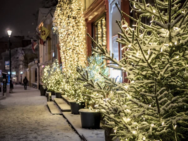 Noel Ağacı Işıkları Gece Karlı Weathe Oyuncaklar Ile Dekore Edilmiş — Stok fotoğraf