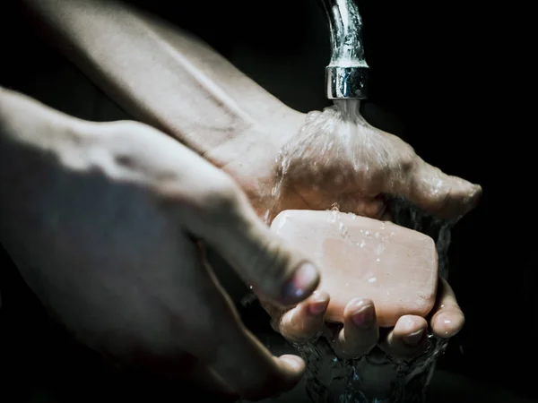 Person Washes His Hands Bathroom Soap — Stock Photo, Image