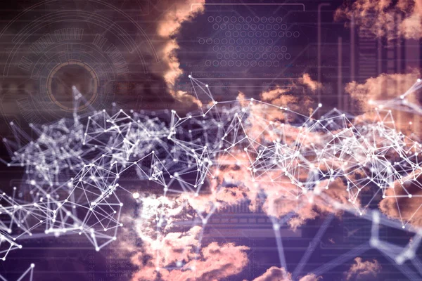 Líneas de comunicación de red contra el cielo, conexiones de red web —  Fotos de Stock