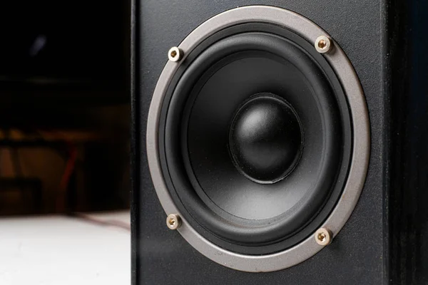 close up macro of black dynamic of sound audio speaker monitors in studio