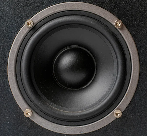 Close up macro of black dynamic of sound audio speaker — Stock Photo, Image