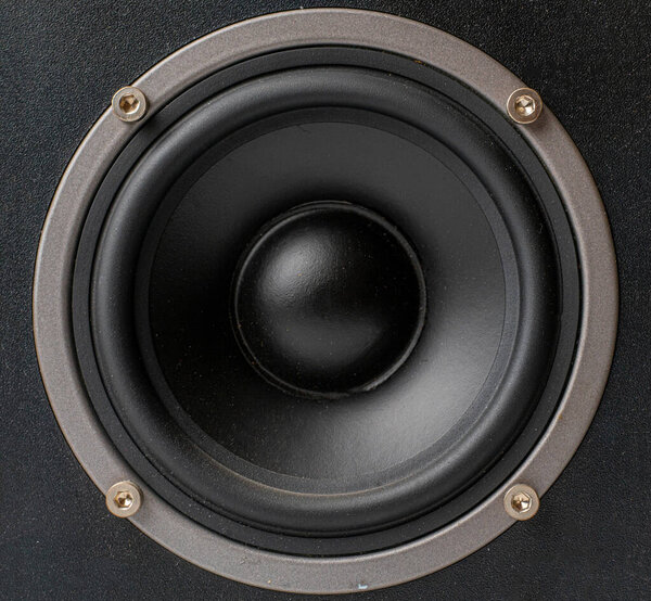Close up macro of black dynamic of sound audio speaker monitors in studio