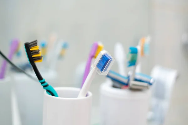 Set Some Colorful Toothbrushes Razor Blades Shelf Bathroom Personal Accessories — Stock Photo, Image