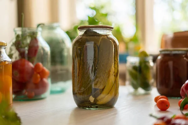 Many jars with pickled vegetables mix inside, preparation for winter seasons — Stock Photo, Image