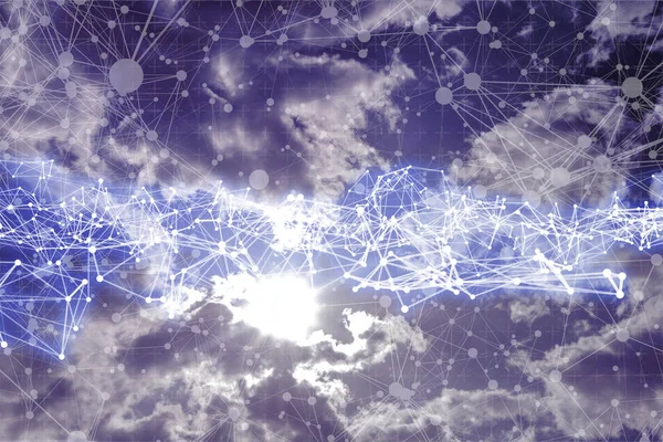 Líneas de comunicación de red contra el cielo, conexiones de red web —  Fotos de Stock