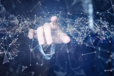 soyut iş adamı eli bağlantı hatlarına ve noktalarına dokunur, küresel web dijital iletişimi