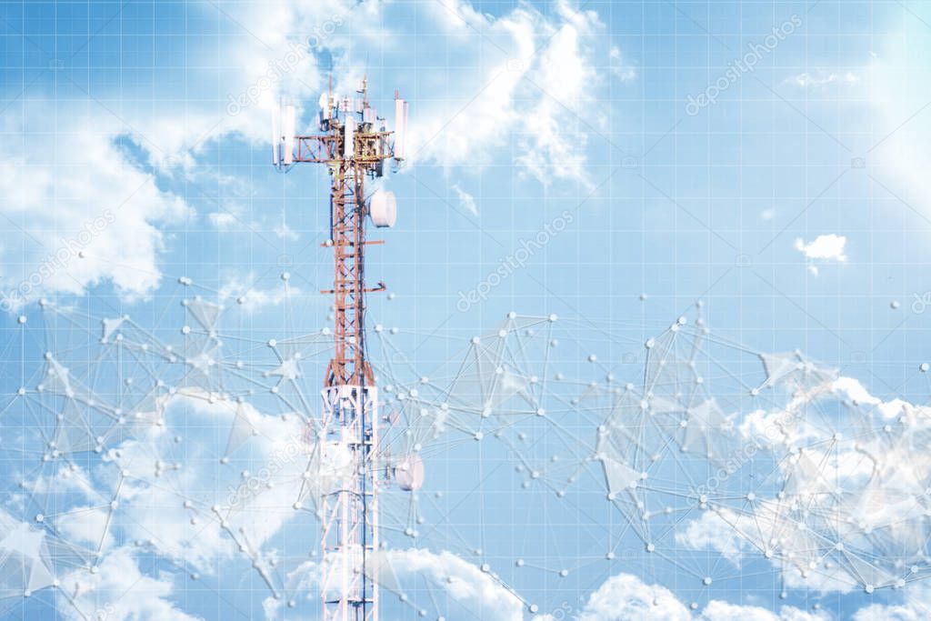 abstract 5g telecommunication lines background with lines and dots against the sky