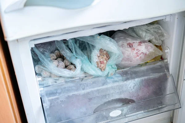 Opened Freezer Part Fridge Many Frozen Packages Food — Stock Photo, Image